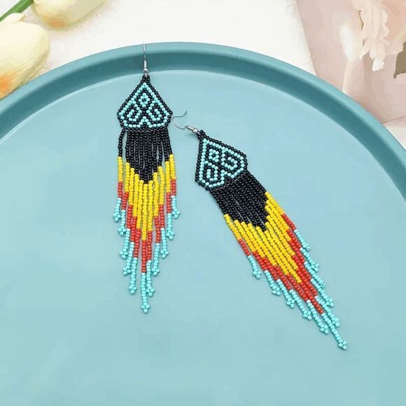 Tribal Boho Style Beaded Tassel Dangle Earrings - Picture 3 of 5